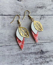 Load image into Gallery viewer, Fabric/leather/leaf earrings - coral