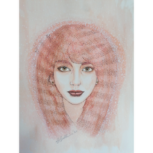 Load image into Gallery viewer, This original portrait of Kate Bush comes beautifully presented in a 16x12" solid wood Irish made frame. Painted using watercolours, acrylic markers and pigment liner pens on 300GSM elite textured acid free watercolour paper. As this is an original, there is only one available.