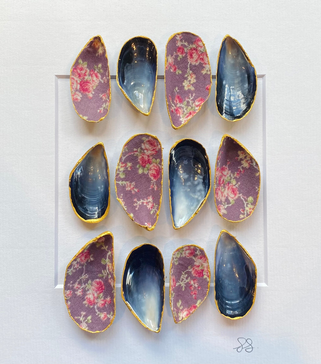 Framed mussel shells purple floral
