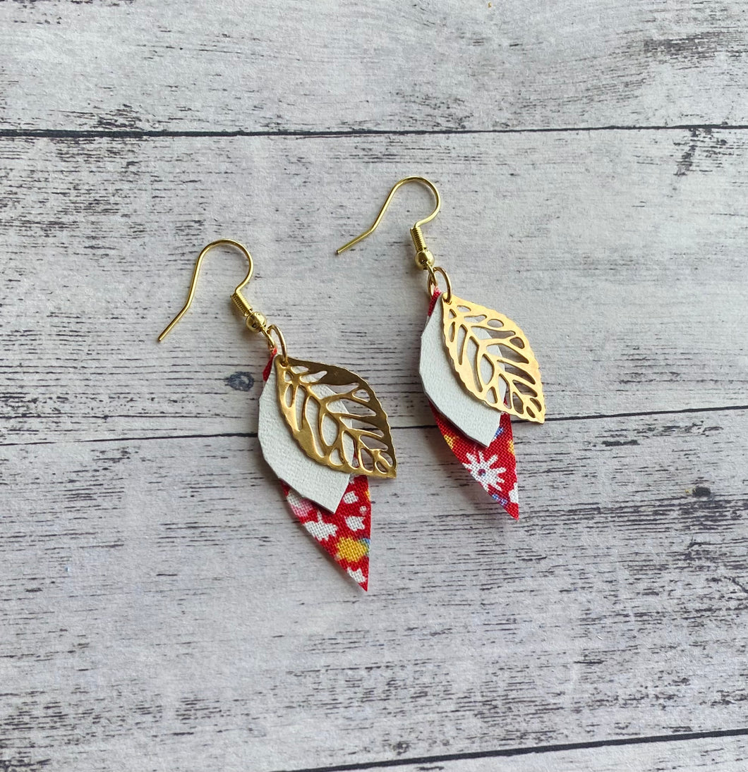 Fabric/leather/leaf earrings - red bloom