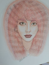 Load image into Gallery viewer, This original portrait of Kate Bush comes beautifully presented in a 16x12&quot; solid wood Irish made frame.  Painted using watercolours, acrylic markers and pigment liner pens on 300GSM elite textured acid free watercolour paper.  As this is an original, there is only one available. 
