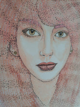 Load image into Gallery viewer, This original portrait of Kate Bush comes beautifully presented in a 16x12&quot; solid wood Irish made frame.  Painted using watercolours, acrylic markers and pigment liner pens on 300GSM elite textured acid free watercolour paper.  As this is an original, there is only one available. 
