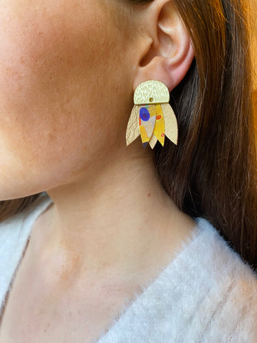 the kiss Gustav Klimpt handmade earrings fabric recycled mobile phone case gold plated hypoallergenic JoJo design handmade in Ireland unique design Irish design Irish jewellery designer sustainable design stylish